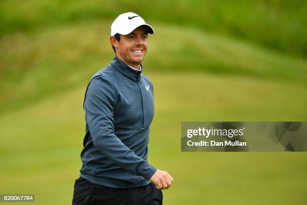 Rory McIlroy of Northern Ireland smiles on the 2nd green during the second round of the 146th Open Championship at Royal Birkdale on July 21, 2017 in...