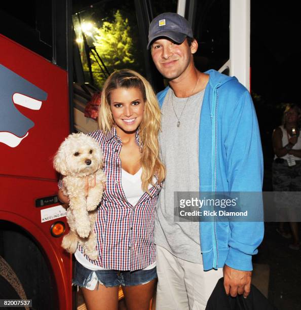 Daisy with Singer/Songwriter Jessica Simpson and Dallas Cowboys Quarterback Tony Romo backstage after Jessica finished her first live performance in...