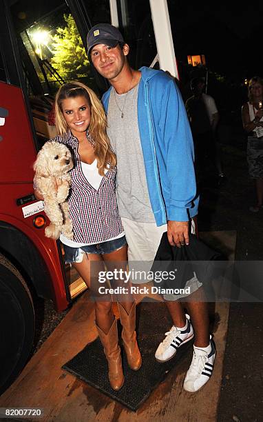 Daisy with Singer/Songwriter Jessica Simpson and Dallas Cowboys Quarterback Tony Romo backstage after Jessica finished her first live performance in...