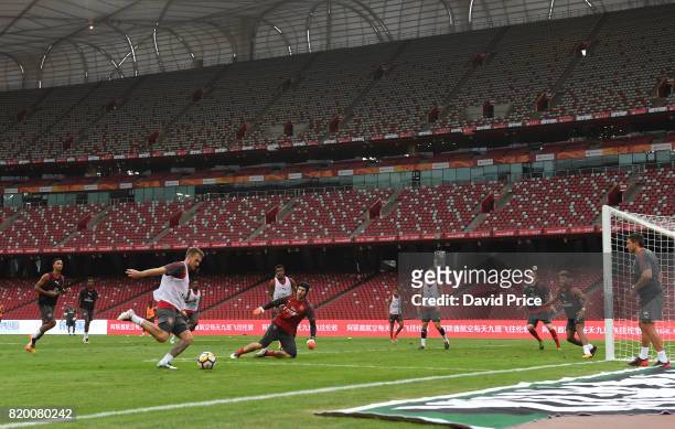 Aaron Ramsey and Petr Cech of Arsenal during an Arsenal Training Session at the Birds Nest on July 21, 2017 in Beijing, China.