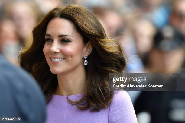 Catherine, Duchess of Cambridge arrives for a visit of the Maritime Museum on the third and final day of their visit to Germany on July 21, 2017 in...