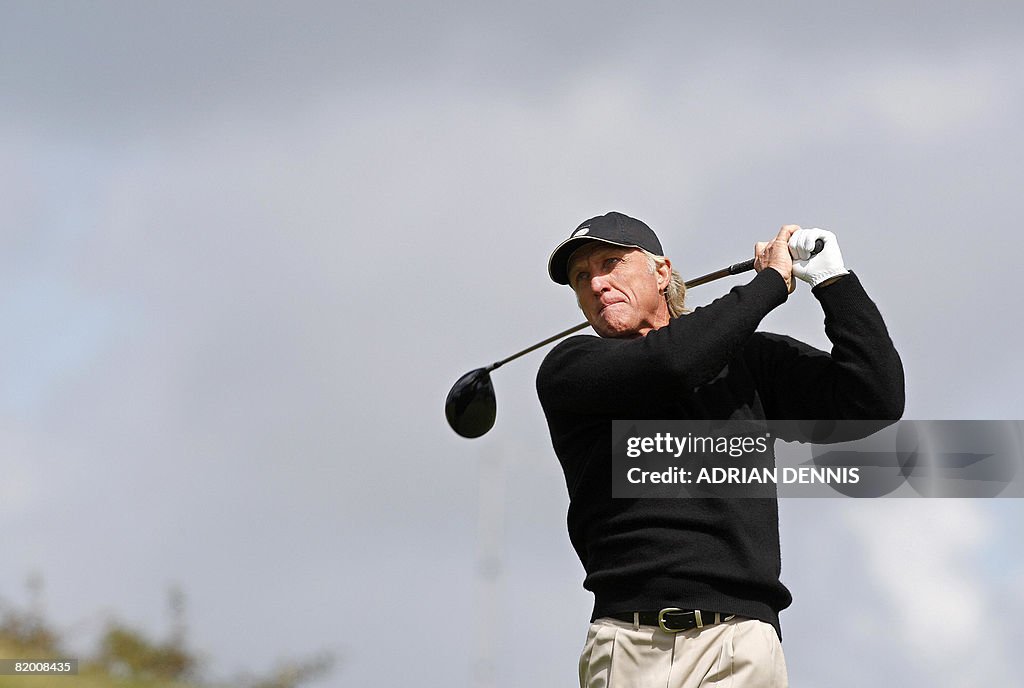 Greg Norman of Australia in action on th