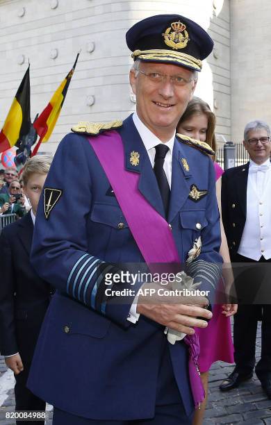King Philippe of Belgium leaves after the Te Deum mass, at the Cathedral of St Michael and St Gudula in Brussels, on July 21 during the Belgian...