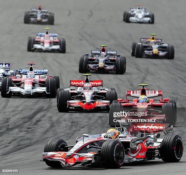 Formula One pilots race on the Hockenheim ring racetrack on July 20, 2008 in Hockenheim, during the German Formula One Grand Prix. McLaren Mercedes'...