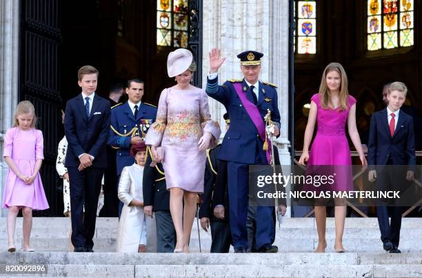 Princess Eleonore, Prince Gabriel, Queen Mathilde of Belgium, King Philippe of Belgium, Crown Princess Elisabeth and Prince Emmanuel walk after the...