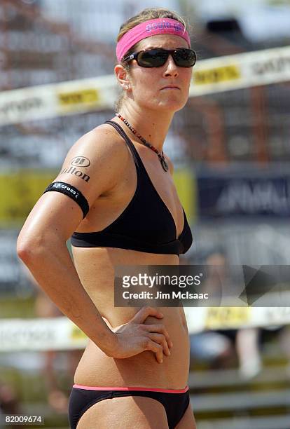 Nicole Branagh looks on during the women's quarter-finals of the AVP Brooklyn Open on July 20, 2008 at Coney Island in the Brooklyn borough of New...