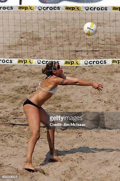April Ross digs the ball during the women's quarter-finals of the AVP Brooklyn Open on July 20, 2008 at Coney Island in the Brooklyn borough of New...