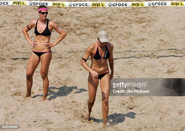 Elaine Youngs and Nicole Branagh reacts after a lost point during the women's quarter-finals of the AVP Brooklyn Open on July 20, 2008 at Coney...