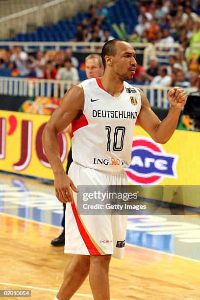 Demond Greene of Germany celebrates during the Fiba Olympic Qualifier match between Germany and Puerto Rico at the Oaka stadium on July 20, 2008 in...