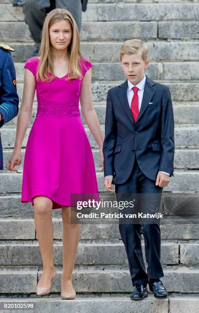 Prince Emmanuel of Belgium and Princess Elisabeth of Belgium attend the Te Deum mass on the occasion of the Belgian National Day in the Cathedral on...