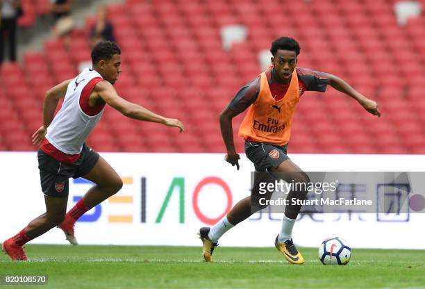 Donyell Malen and Joe Willock of Arsenal during a training session at the Birds Nest stadium on July 21, 2017 in Beijing, China.