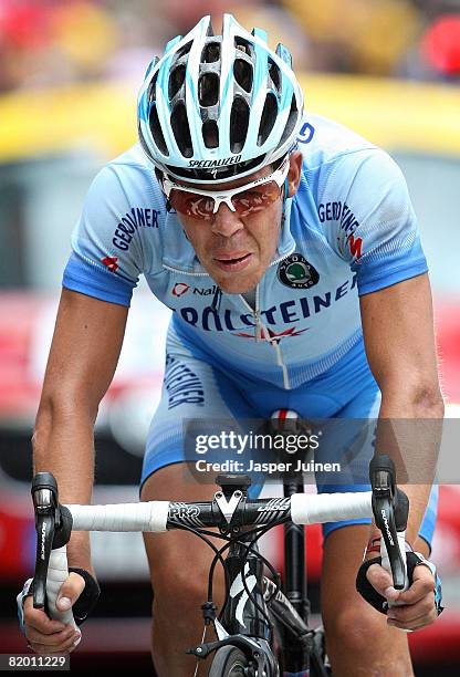 Bernhard Kohl of Austria and team Gerolsteiner cycles the last metres of stage fiftheen of the 2008 Tour de France from Embrun to Prato Nevoso on...