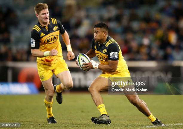 Julian Savea of the Hurricanes in action during the Super Rugby Quarter Final match between the Brumbies and the Hurricanes at Canberra Stadium on...