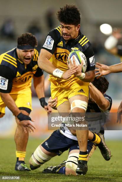 Ardie Savea of the Hurricanes runs the ball during the Super Rugby Quarter Final match between the Brumbies and the Hurricanes at Canberra Stadium on...