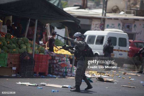 Israeli border police officers are seen during clashes with Palestinian in Ras el-Amud Area outside the Old City on July 21, 2017 in Jerusalem,...