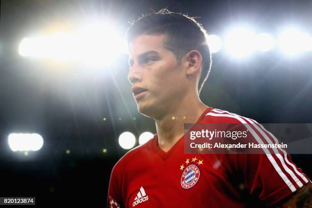 James Rodriguez of FC Bayern Muenchen looks on during a training session at Shenzhen Universiade Sports Centre during the Audi Summer Tour 2017 on...