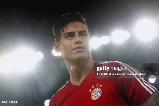 James Rodriguez of FC Bayern Muenchen looks on during a training session at Shenzhen Universiade Sports Centre during the Audi Summer Tour 2017 on...