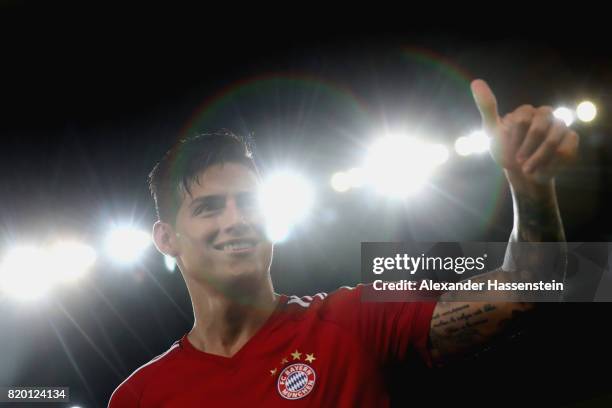 James Rodriguez of FC Bayern Muenchen reacts during a training session at Shenzhen Universiade Sports Centre during the Audi Summer Tour 2017 on July...