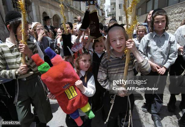 Ultra Orthodox children march with toy Torah scrolls at Mea Shearim neighborhood in Jerusalem 31 May 2006, during celebration of the Jewish holiday...