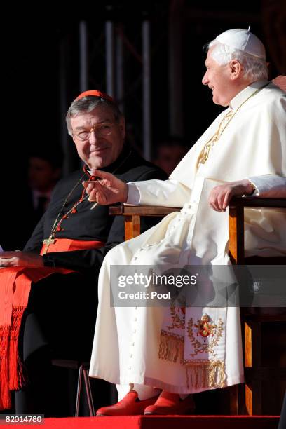 His Holiness Pope Benedict XVI and Cardinal George Pell smile at one another while thanking all the volunteers at The Domain on July 21, 2008 in...