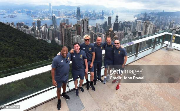 John Barns, Sami Hyypia, Jason McAteer, Robbie Fowler and Gary McAllister legends of Liverpool and Peter Moore CEO of Liverpool at the tram to the...