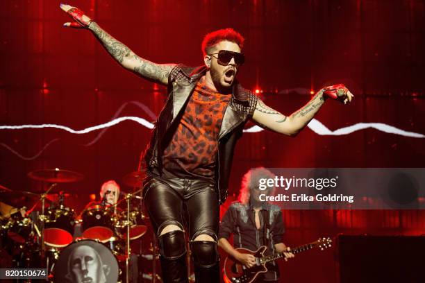 Roger Taylor, Adam Lambert and Brian May of Queen + Adam Lambert perform at The Palace of Auburn Hills on July 20, 2017 in Auburn Hills, Michigan.