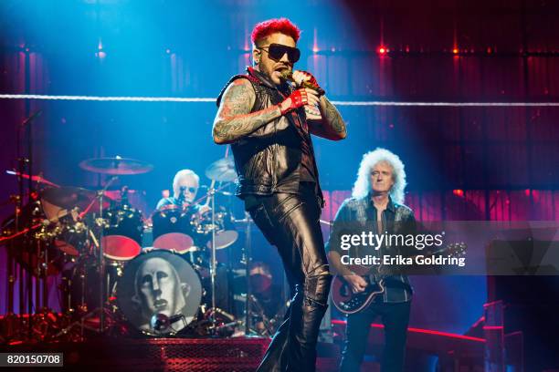 Roger Taylor, Adam Lambert and Brian May of Queen + Adam Lambert perform at The Palace of Auburn Hills on July 20, 2017 in Auburn Hills, Michigan.