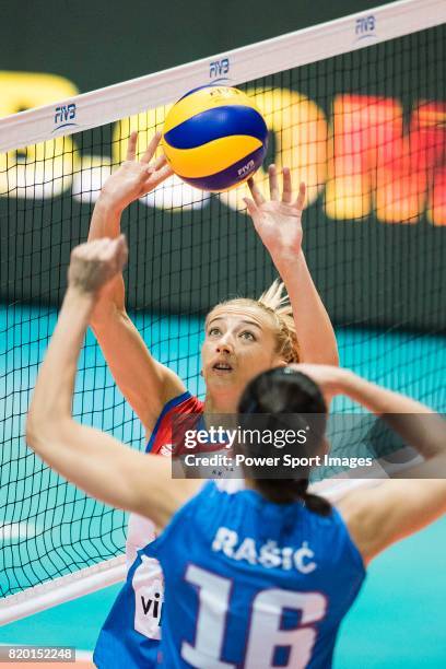 Setter Ana Antonijevic of Serbia sets during the FIVB Volleyball World Grand Prix match between Serbia vs Russia on July 21, 2017 in Hong Kong, Hong...