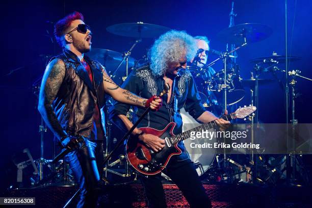 Adam Lambert, Brian May and Roger Taylor of Queen + Adam Lambert perform at The Palace of Auburn Hills on July 20, 2017 in Auburn Hills, Michigan.