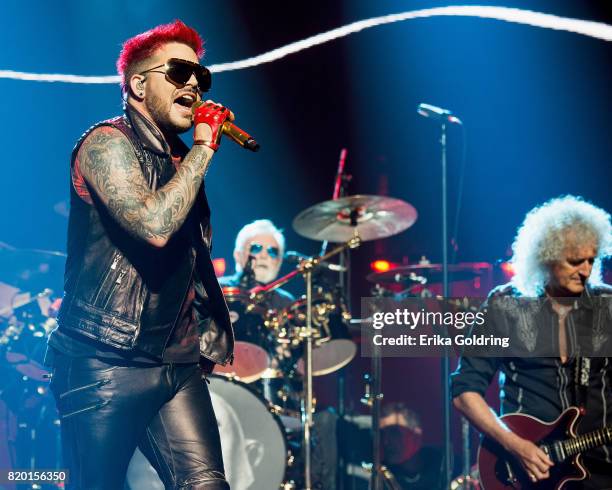 Adam Lambert, Roger Taylor and Brian May of Queen + Adam Lambert perform at The Palace of Auburn Hills on July 20, 2017 in Auburn Hills, Michigan.