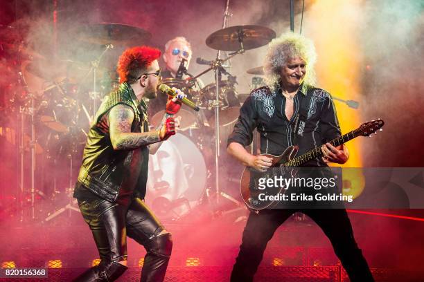 Adam Lambert, Roger Taylor and Brian May of Queen + Adam Lambert perform at The Palace of Auburn Hills on July 20, 2017 in Auburn Hills, Michigan.