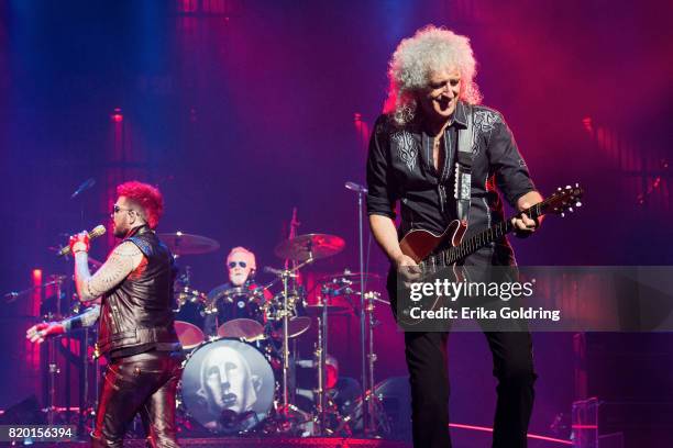 Adam Lambert, Roger Taylor and Brian May of Queen + Adam Lambert perform at The Palace of Auburn Hills on July 20, 2017 in Auburn Hills, Michigan.