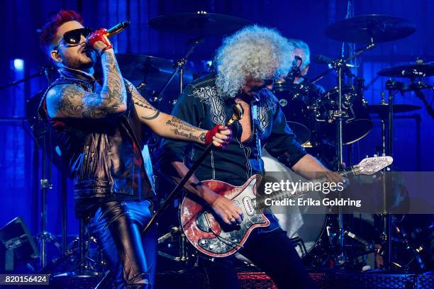 Adam Lambert and Brian May of Queen + Adam Lambert perform at The Palace of Auburn Hills on July 20, 2017 in Auburn Hills, Michigan.