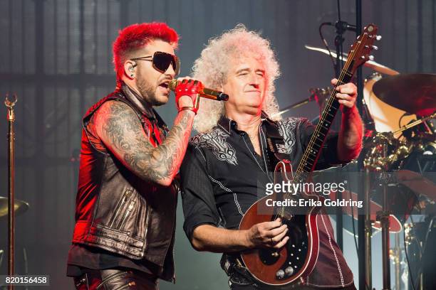 Adam Lambert and Brian May of Queen + Adam Lambert perform at The Palace of Auburn Hills on July 20, 2017 in Auburn Hills, Michigan.