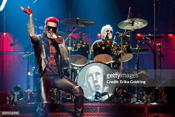 Adam Lambert and Roger Taylor of Queen + Adam Lambert perform at The Palace of Auburn Hills on July 20, 2017 in Auburn Hills, Michigan.