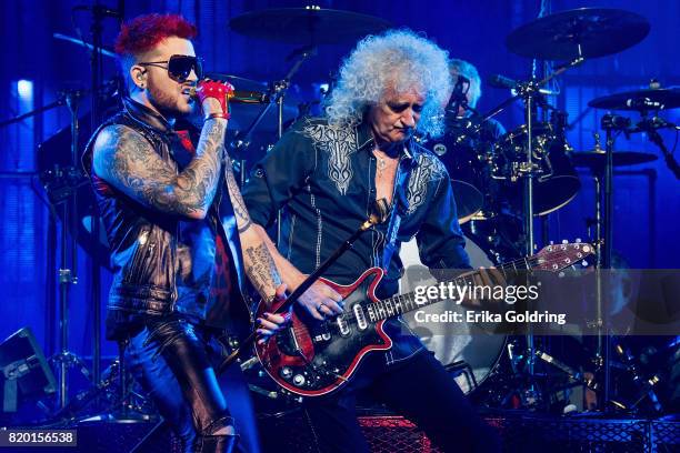 Adam Lambert and Brian May of Queen + Adam Lambert perform at The Palace of Auburn Hills on July 20, 2017 in Auburn Hills, Michigan.