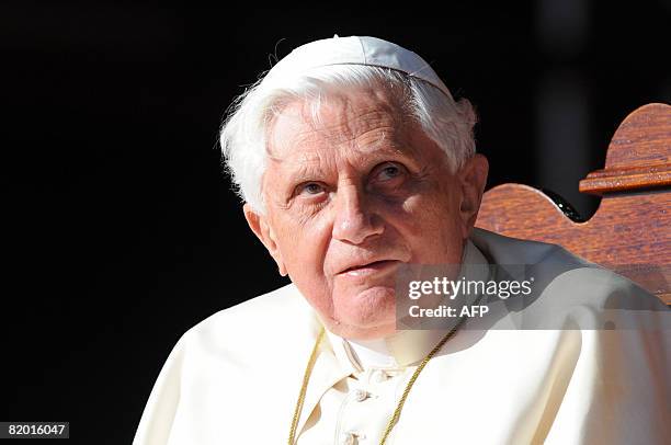 Pope Benedict XVI looks on as he thanks World Youth Day volunteers at The Domain in Sydney on July 21, 2008 prior to his departure from Australia....