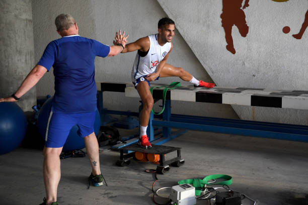 Paolo Bertelli and Cesc Fabregas of Chelsea during a training session at the AOTI Stadium on July 20, 2017 in Beijing, China.