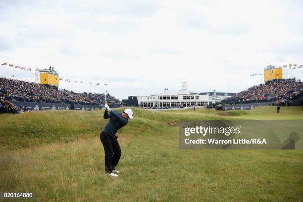 Rory McIlroy of Northern Ireland plays his second shot on the 18th hole during the second round of the 146th Open Championship at Royal Birkdale on...