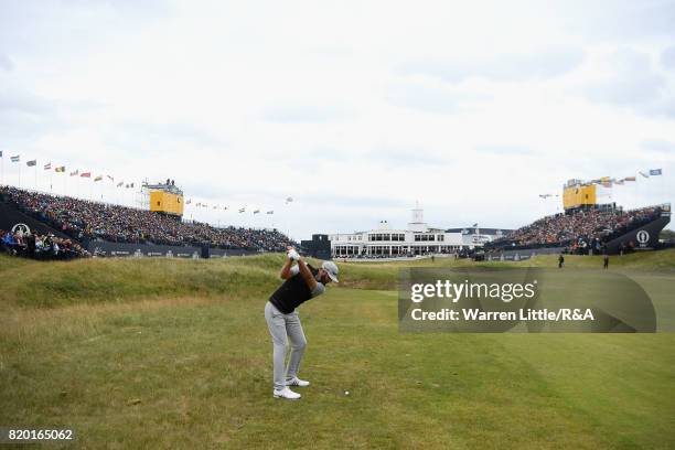 Dustin Johnson of the United States plays his second shot on the 18th hole during the second round of the 146th Open Championship at Royal Birkdale...