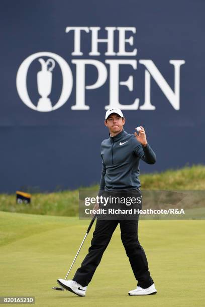 Rory McIlroy of Northern Ireland acknowledges the crowd on the 18th hole during the second round of the 146th Open Championship at Royal Birkdale on...