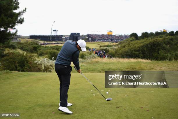 Rory McIlroy of Northern Ireland tees off on the 18th hole during the second round of the 146th Open Championship at Royal Birkdale on July 21, 2017...