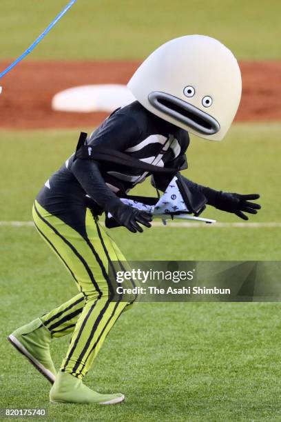 Chiba Lotte Marines mascot 'Nazo-no-Sakana ' is chased by mascots of other teams during the All-Star Games at Zozo Marine Stadium on July 15, 2017 in...