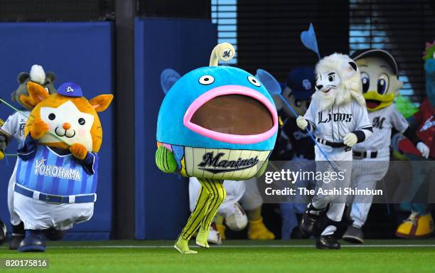 Chiba Lotte Marines mascot 'Nazo-no-Sakana ' is chased by mascots of other teams during the All-Star Games at Zozo Marine Stadium on July 15, 2017 in...