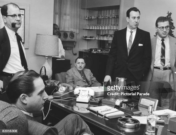 Writers' meeting for the NBC comedy sketch programme 'Your Show of Shows', circa 1952. Seated, left, is the show's star, Sid Caesar and second from...