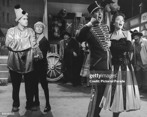 American comic actors Sid Caesar, Howard Morris , Nanette Fabray and Carl Reiner in a spoof opera scene, 1956.