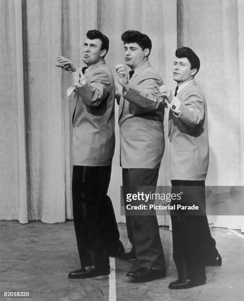 American comic actors Carl Reiner, Sid Caesar and Howard Morris performing as a spoof doo-wop singing group, circa 1952.