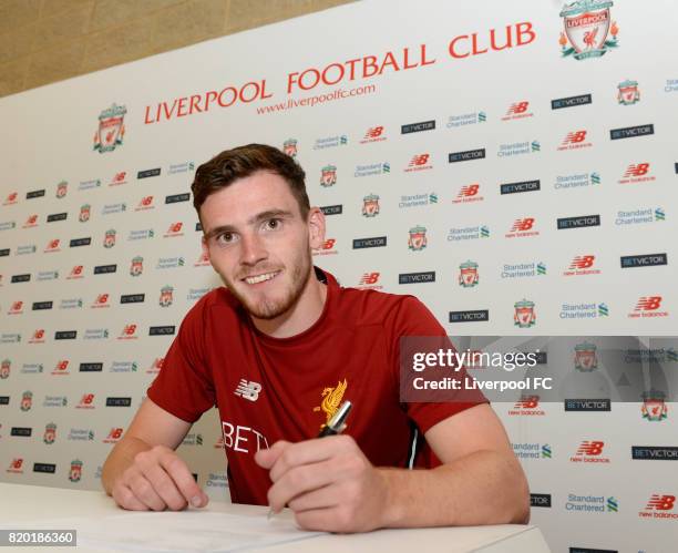 Andrew Robertson new signing for Liverpool at Melwood Training Ground on July 20, 2017 in Liverpool, England.