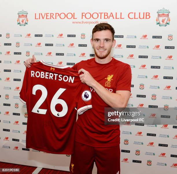 Andrew Robertson new signing for Liverpool at Melwood Training Ground on July 20, 2017 in Liverpool, England.