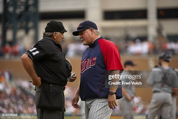 Minnesota Twins manager Ron Gardenhire talking to home plate umpire Ed Montague during game vs Detroit Tigers. Detroit, MI 7/12/2008 CREDIT: Fred...